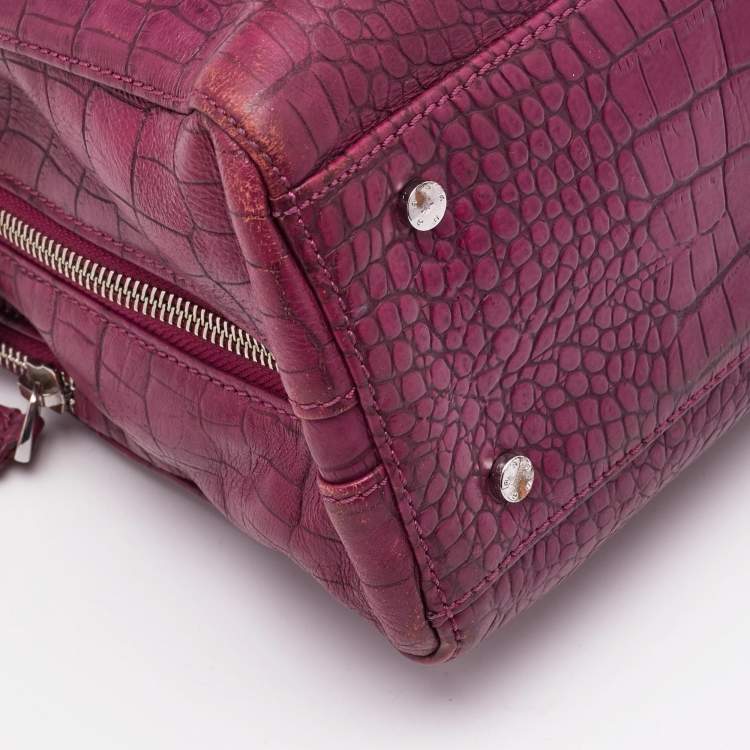 Pre Owned Aigner Magenta Croc Embossed Leather Double Zip Satchel