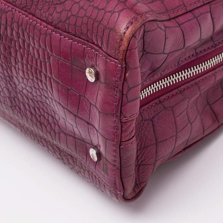 Pre Owned Aigner Magenta Croc Embossed Leather Double Zip Satchel