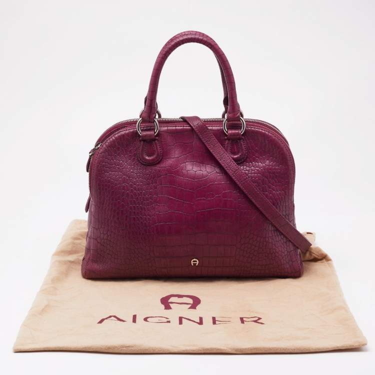 Pre Owned Aigner Magenta Croc Embossed Leather Double Zip Satchel