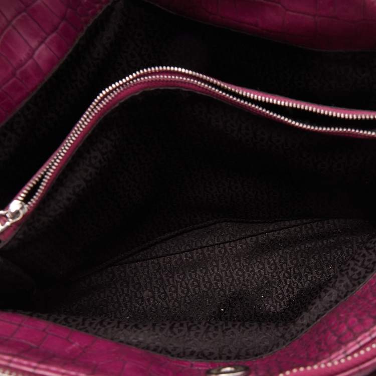 Pre Owned Aigner Magenta Croc Embossed Leather Double Zip Satchel