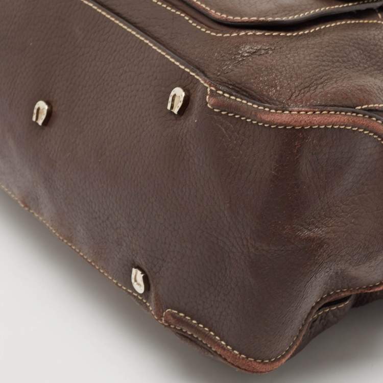 Pre Owned Aigner Dark Brown Leather Front Pocket Satchel