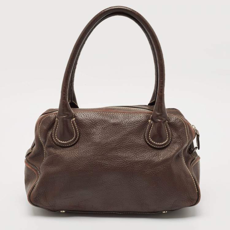 Pre Owned Aigner Dark Brown Leather Front Pocket Satchel