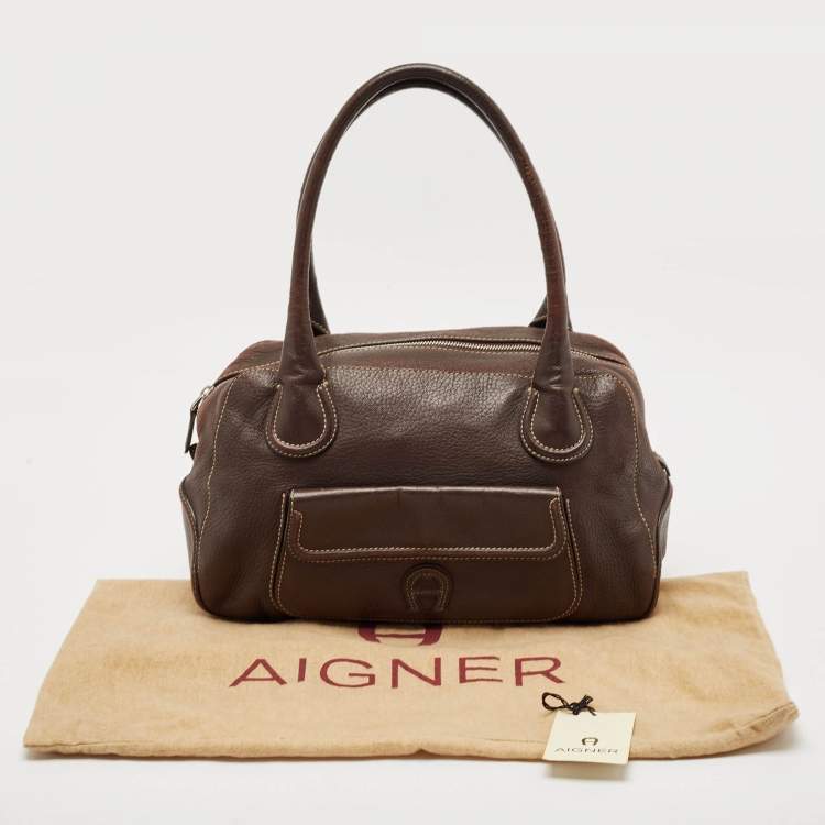 Pre Owned Aigner Dark Brown Leather Front Pocket Satchel