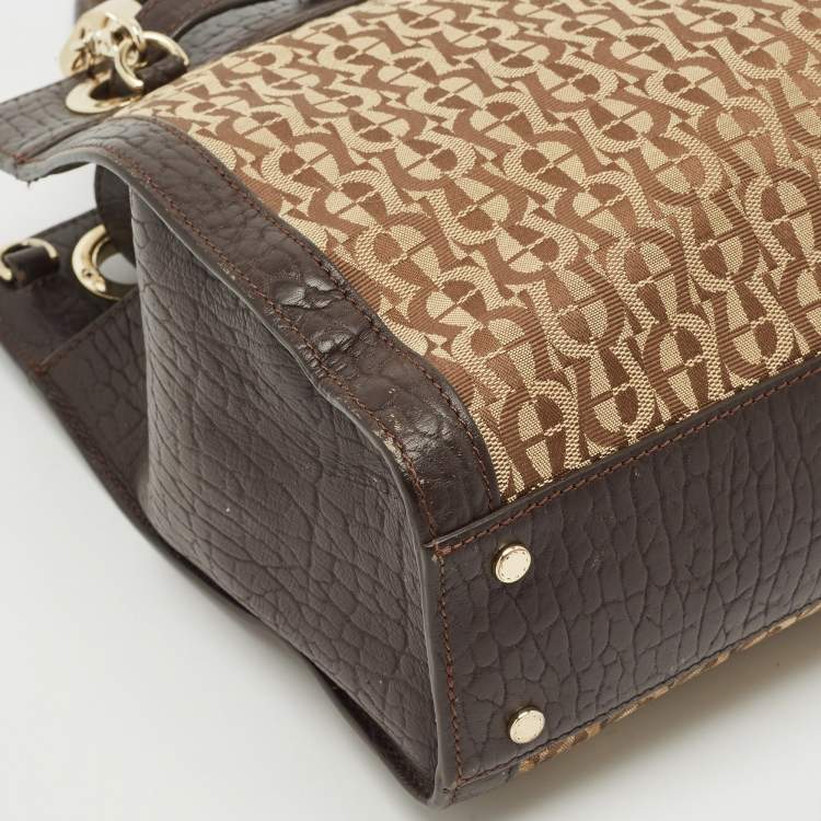 Pre Owned Aigner Brown/Beige Signature Canvas and Leather Cavallina Tote