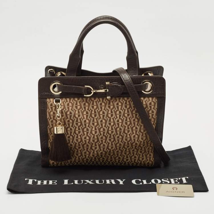 Pre Owned Aigner Brown/Beige Signature Canvas and Leather Cavallina Tote