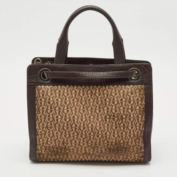 Pre Owned Aigner Brown/Beige Signature Canvas and Leather Cavallina Tote