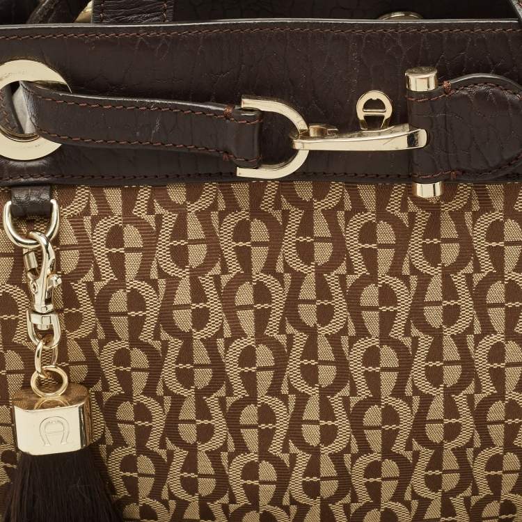 Pre Owned Aigner Brown/Beige Signature Canvas and Leather Cavallina Tote