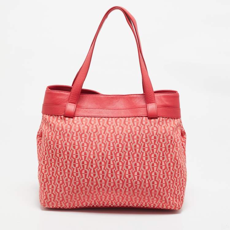 Pre Owned Aigner Rose Red Signature Canvas and Leather Bow Tote
