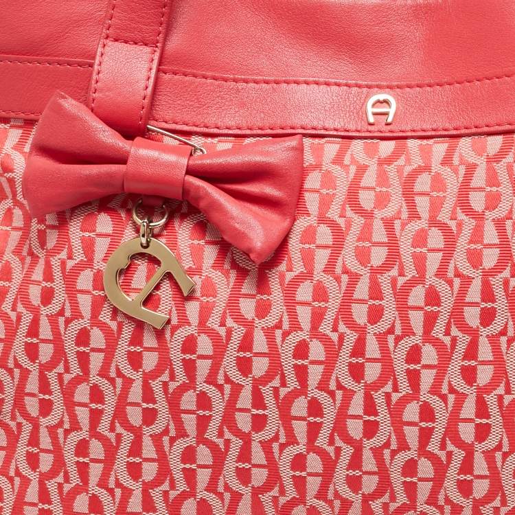 Pre Owned Aigner Rose Red Signature Canvas and Leather Bow Tote