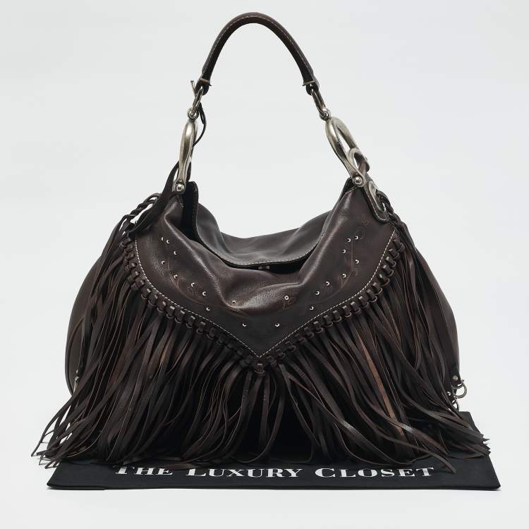 Pre Owned Aigner Dark Brown Leather Fringe Hobo