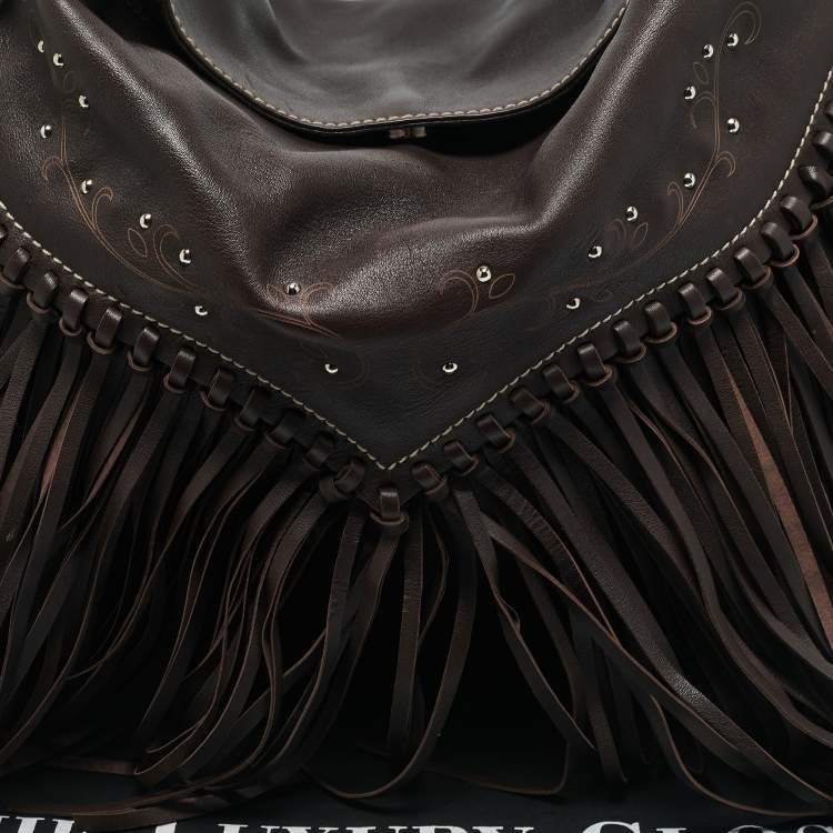 Pre Owned Aigner Dark Brown Leather Fringe Hobo
