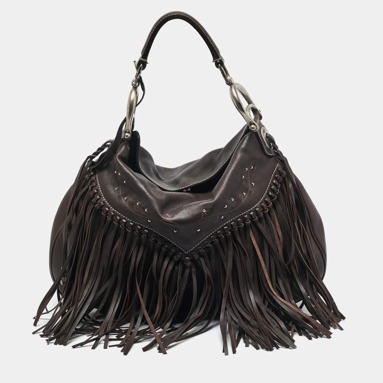 Pre Owned Aigner Dark Brown Leather Fringe Hobo