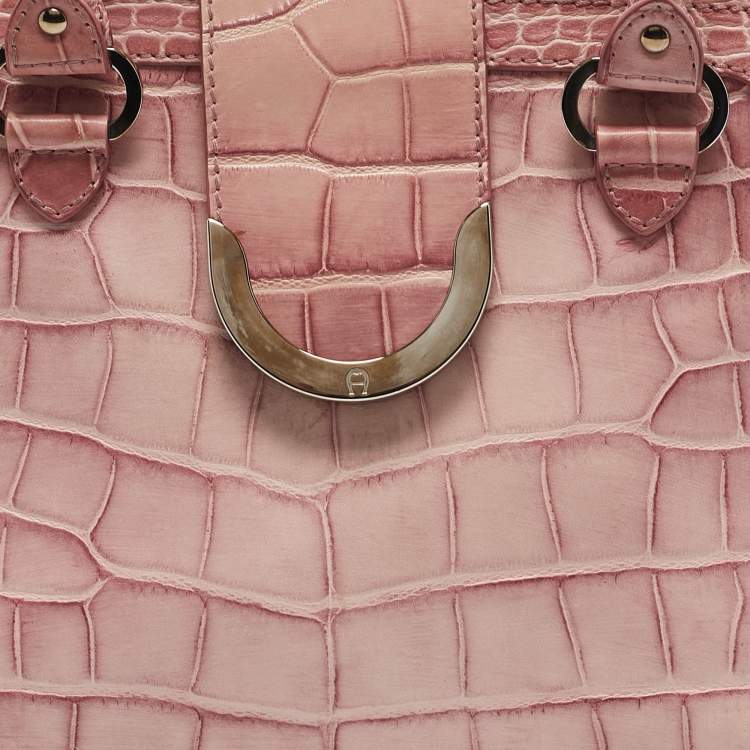 Pre Owned Aigner Pink Croc Embossed Leather Frame Flap Satchel