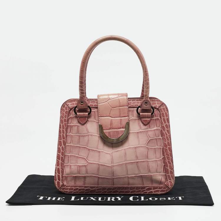 Pre Owned Aigner Pink Croc Embossed Leather Frame Flap Satchel