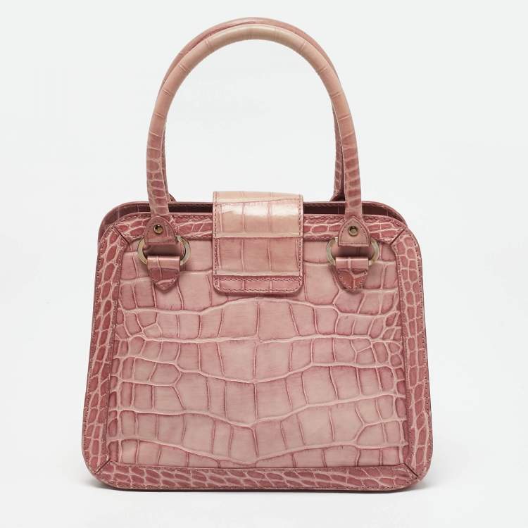 Pre Owned Aigner Pink Croc Embossed Leather Frame Flap Satchel