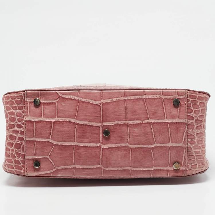 Pre Owned Aigner Pink Croc Embossed Leather Frame Flap Satchel