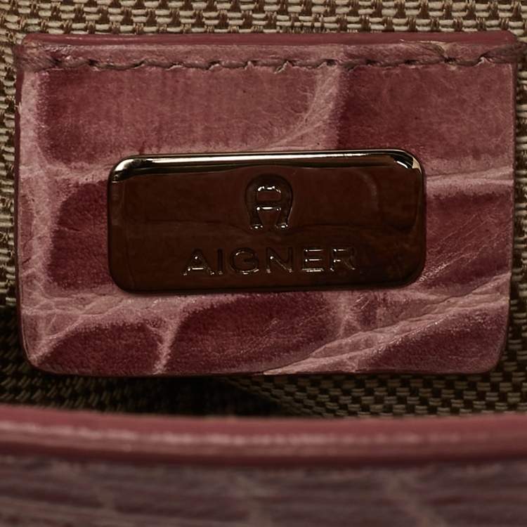 Pre Owned Aigner Pink Croc Embossed Leather Frame Flap Satchel