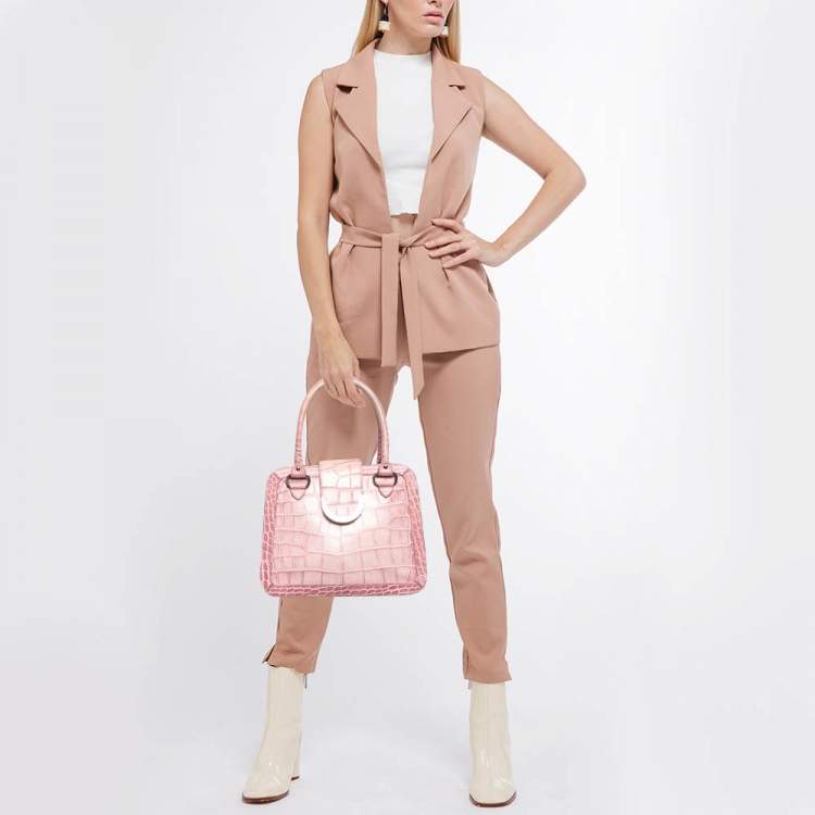 Pre Owned Aigner Pink Croc Embossed Leather Frame Flap Satchel