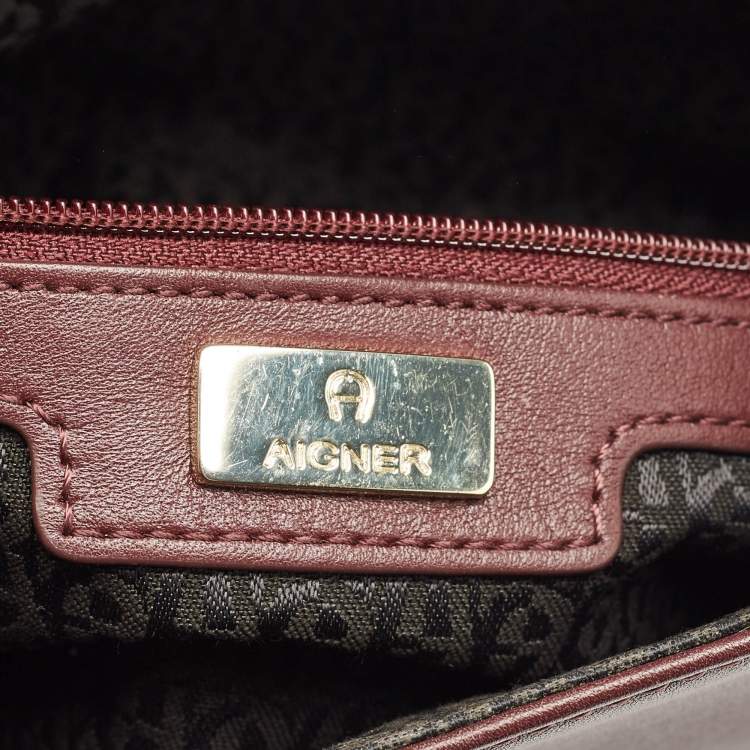 Pre Owned Aigner Burgundy Logo Embossed Leather Flap Crossbody Bag