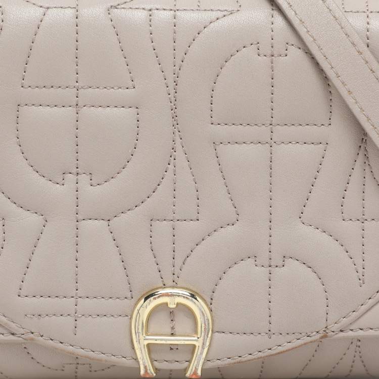 Pre Owned Aigner Taupe Signature Leather Mini Diadora Crossbody Bag
