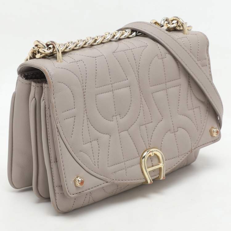 Pre Owned Aigner Taupe Signature Leather Mini Diadora Crossbody Bag