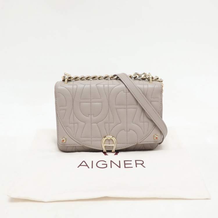 Pre Owned Aigner Taupe Signature Leather Mini Diadora Crossbody Bag