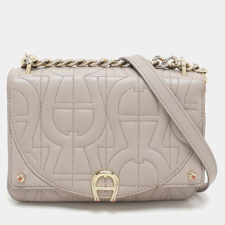 Pre Owned Aigner Taupe Signature Leather Mini Diadora Crossbody Bag