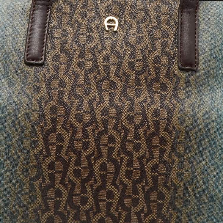Pre Owned Aigner Dark Brown/Blue Signature Coated Canvas and Leather Tote