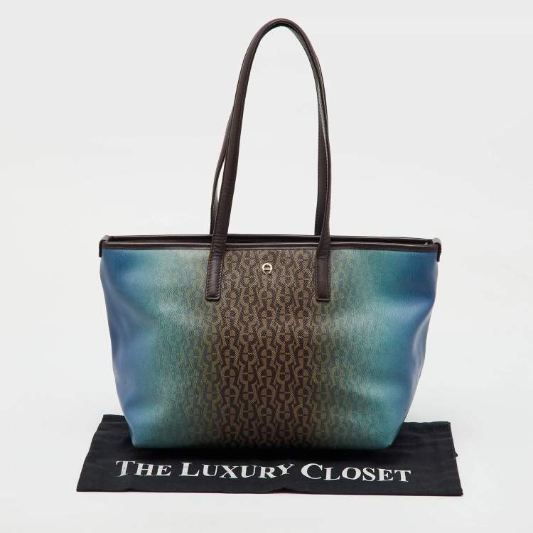 Pre Owned Aigner Dark Brown/Blue Signature Coated Canvas and Leather Tote