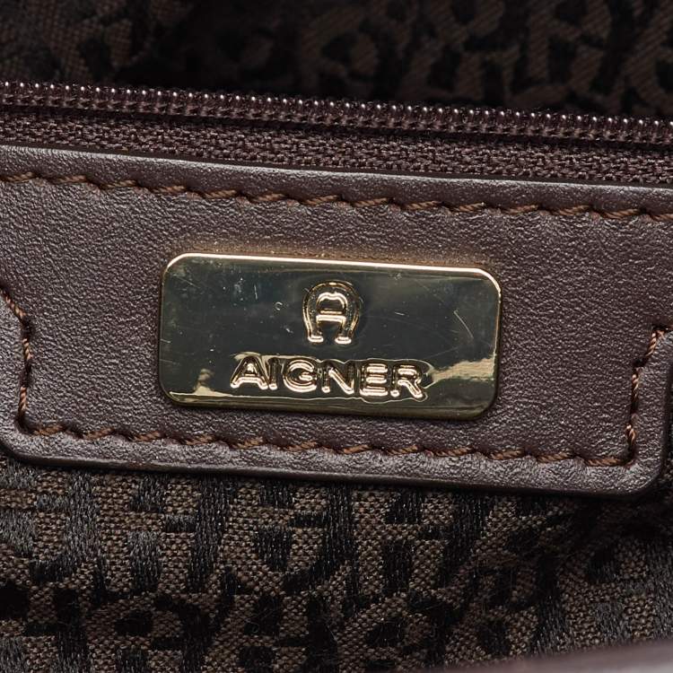 Pre Owned Aigner Dark Brown/Blue Signature Coated Canvas and Leather Tote