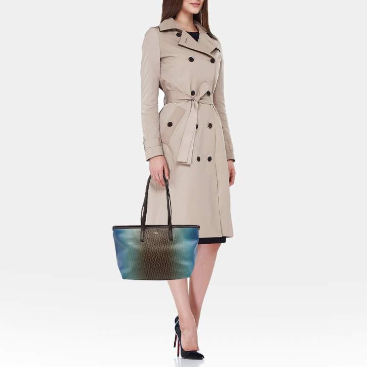 Pre Owned Aigner Dark Brown/Blue Signature Coated Canvas and Leather Tote