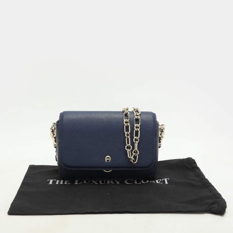 Pre Owned Aigner Navy Blue Leather Grazia Crossbody Bag