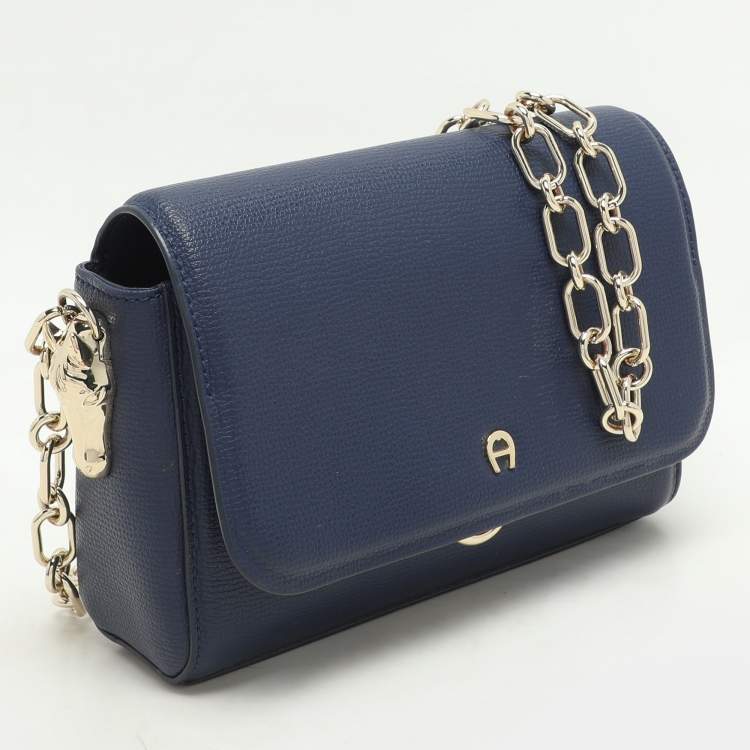 Pre Owned Aigner Navy Blue Leather Grazia Crossbody Bag