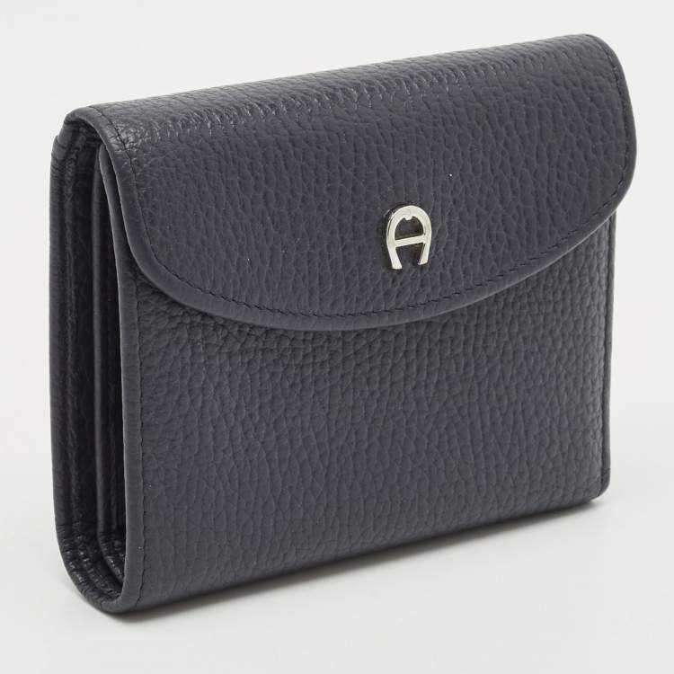 Pre Owned Aigner Dark Blue Leather Logo Trifold Wallet