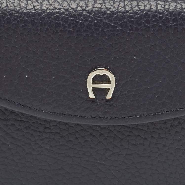 Pre Owned Aigner Dark Blue Leather Logo Trifold Wallet