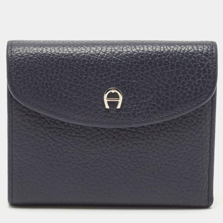Pre Owned Aigner Dark Blue Leather Logo Trifold Wallet