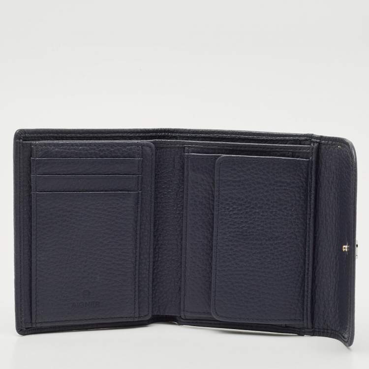 Pre Owned Aigner Dark Blue Leather Logo Trifold Wallet