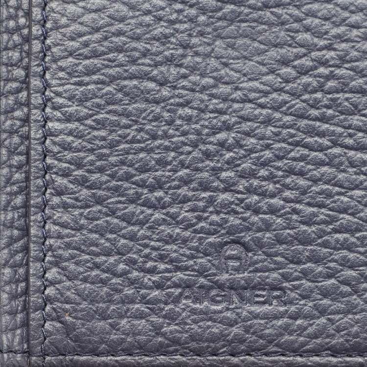 Pre Owned Aigner Dark Blue Leather Logo Trifold Wallet