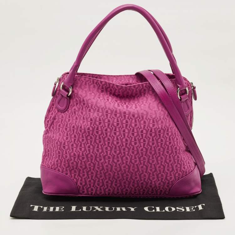 Pre Owned Aigner Fuchsia Signature Canvas and Leather Zip Tote