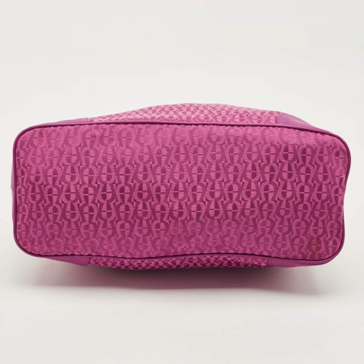 Pre Owned Aigner Fuchsia Signature Canvas and Leather Zip Tote