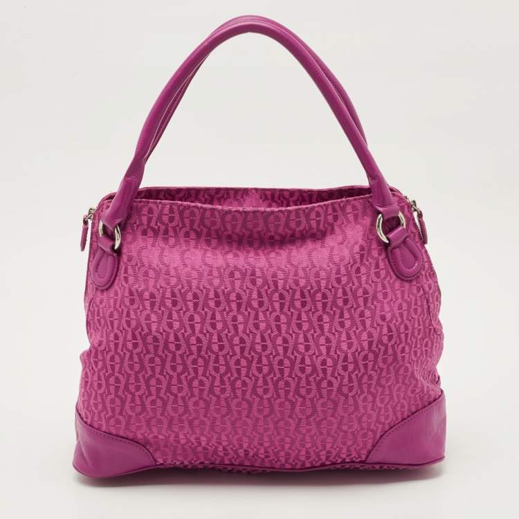 Pre Owned Aigner Fuchsia Signature Canvas and Leather Zip Tote