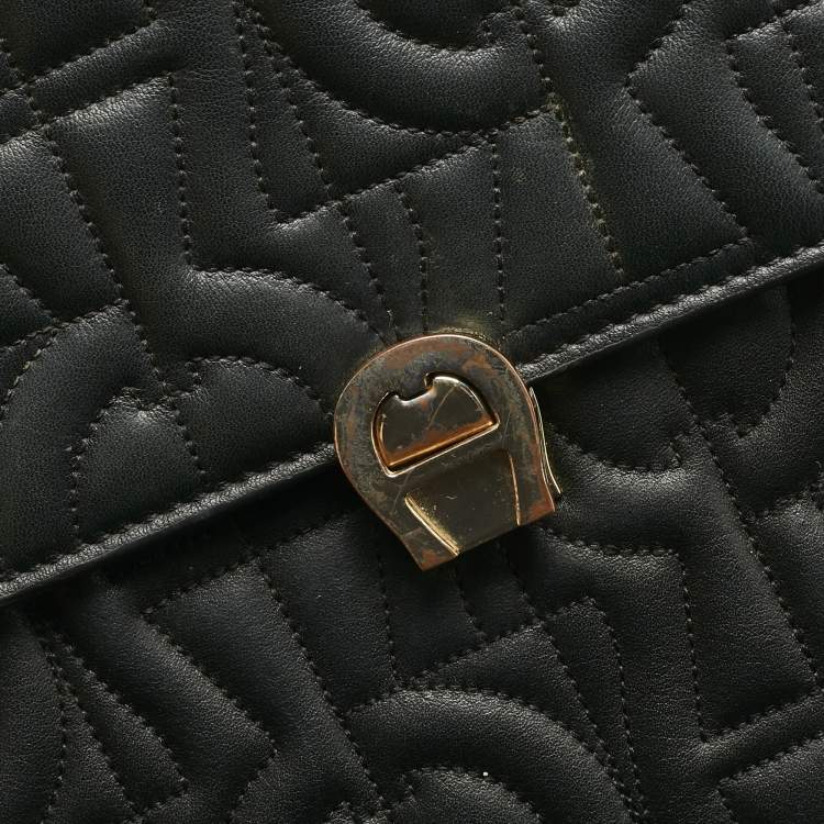 Pre Owned Aigner Black Leather Logo Embossed Genoveva M Top Handle Bag