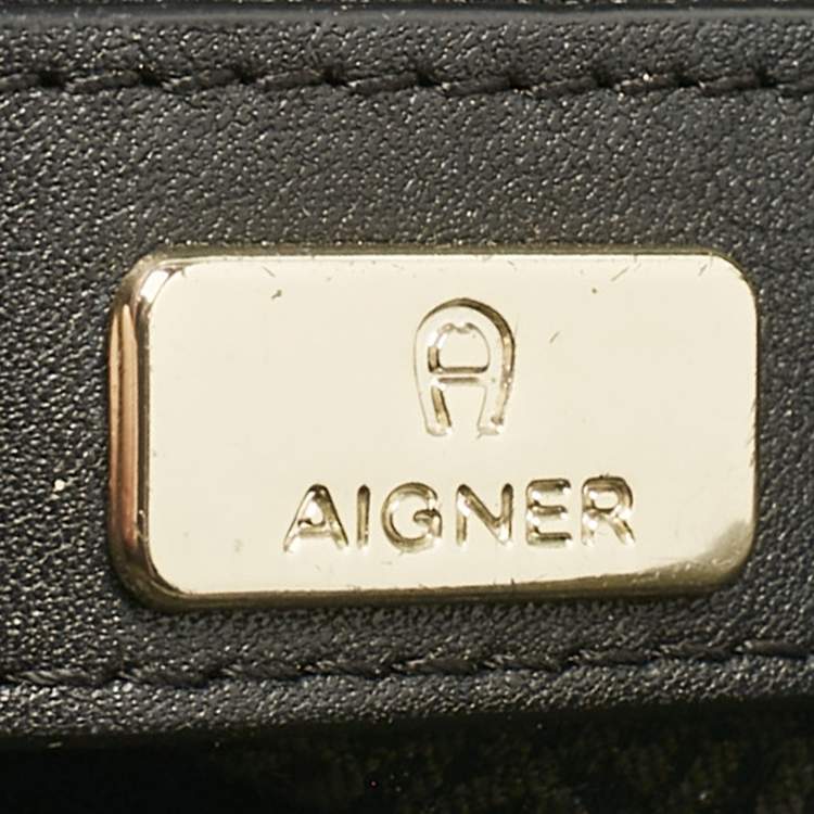Pre Owned Aigner Black Leather Logo Embossed Genoveva M Top Handle Bag