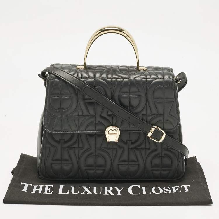 Pre Owned Aigner Black Leather Logo Embossed Genoveva M Top Handle Bag