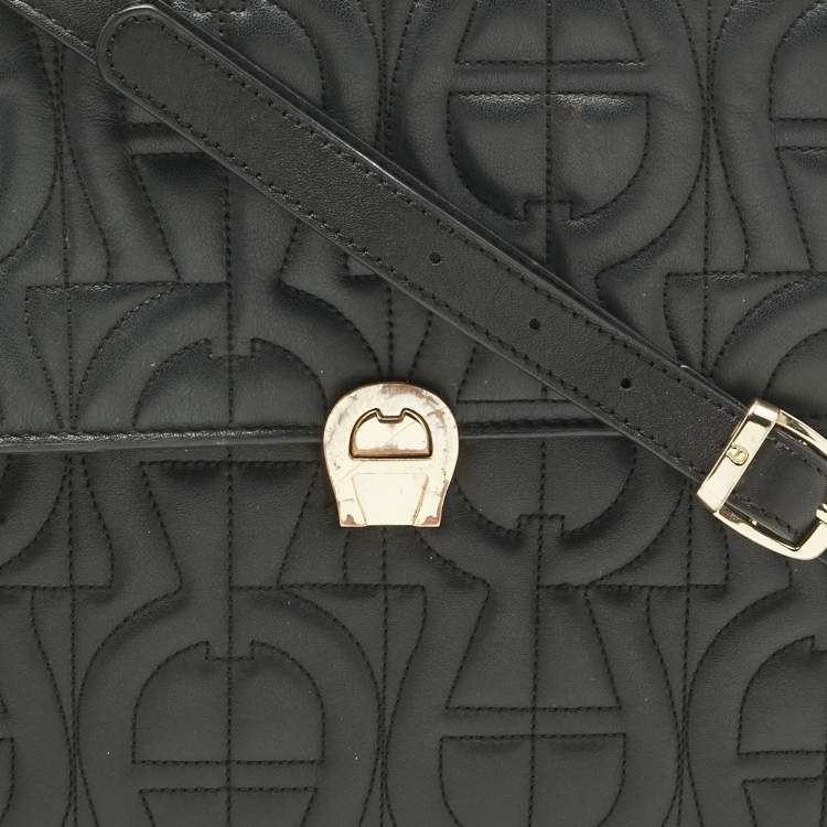 Pre Owned Aigner Black Leather Logo Embossed Genoveva M Top Handle Bag