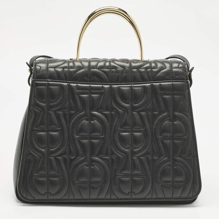 Pre Owned Aigner Black Leather Logo Embossed Genoveva M Top Handle Bag
