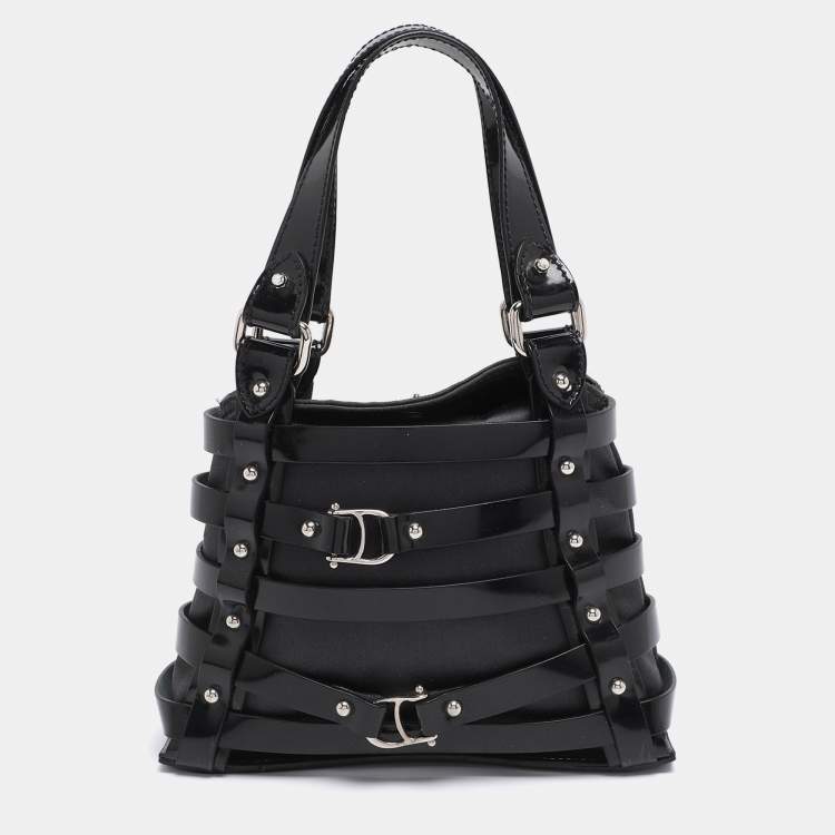 Pre Owned Aigner Black Satin and Leather Caged Tote