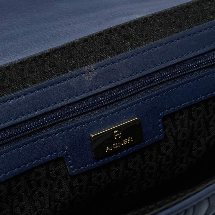 Pre Owned Aigner Navy Blue Embossed Leather Diadora S Crossbody Bag