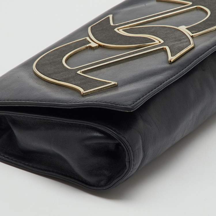 Pre Owned Aigner Black Leather Logo Flap Chain Shoulder Bag