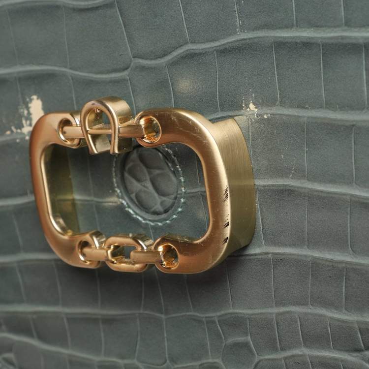 Pre Owned Aigner Green Croc Embossed Leather Celia Crossbody Bag